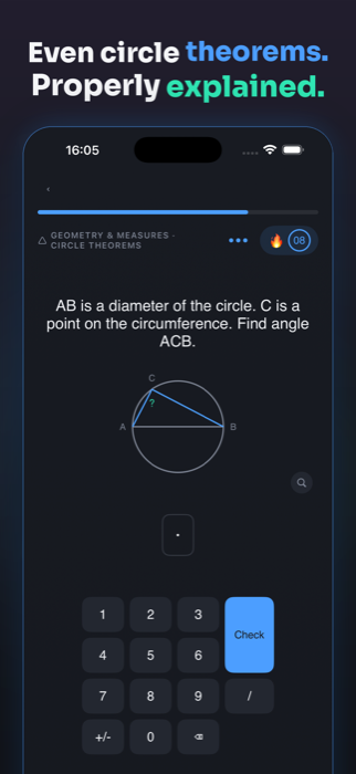 Screenshot of a circle theorems question with a labelled diagram