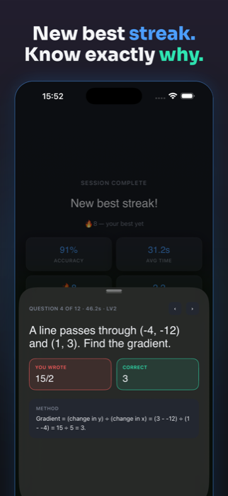 Screenshot showing a worked method after an incorrect answer, comparing what you wrote to the correct answer