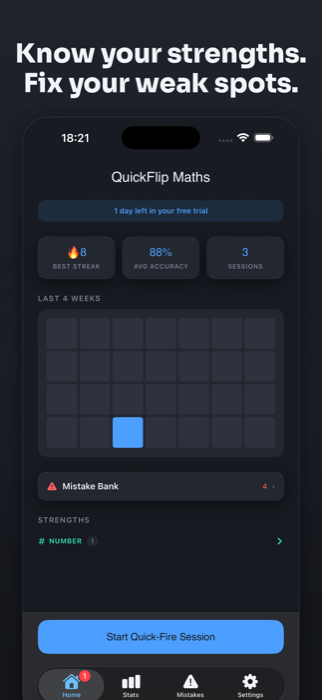 Screenshot of the home screen showing best streak, average accuracy, sessions, and a strengths breakdown