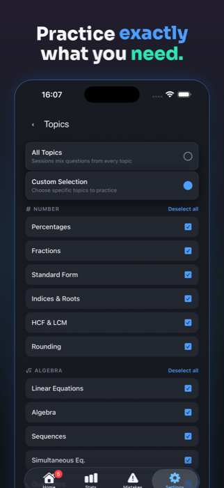 Screenshot of the Topics screen with All Topics and Custom Selection, showing Number and Algebra topic checkboxes